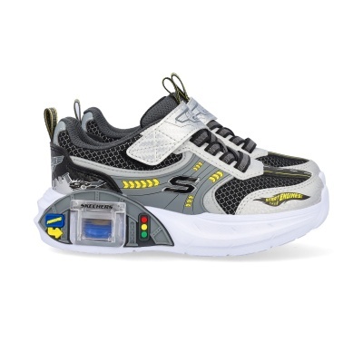 Ténis infantis Skechers com luzes e detalhes amarelos em preto e cinza