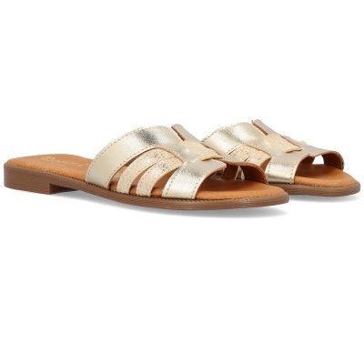 Sandálias rasas douradas com sola castanha