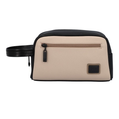 Necessaire bege e preta com zip frontal e etiqueta CAVALINHO