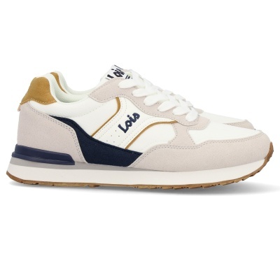 Ténis brancos com detalhes bege, castanho e azul escuro e sola branca