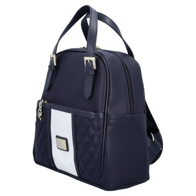 Mochila azul escuro e branca com detalhes dourados e logo Cavalinho