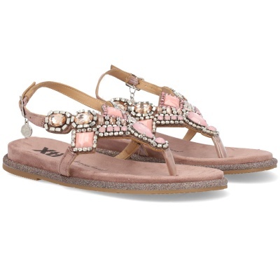 Sandálias femininas rosa e castanho com pedras decorativas e fecho de fivela