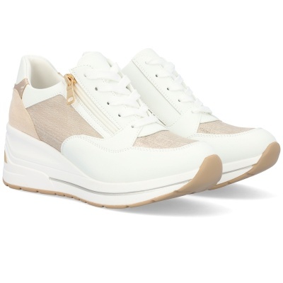 Ténis brancos e bege com sola alta e fecho lateral dourado