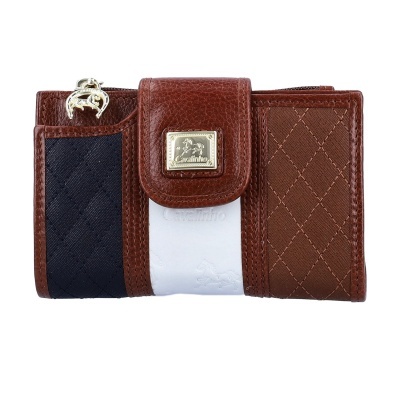 Carteira tricolor rosa-castanho, branco e azul escuro com fecho frontal e detalhe metálico