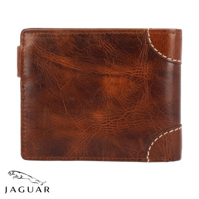 Carteira masculina em couro castanho com costura branca e logótipo JAGUAR