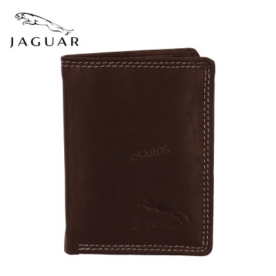 Carteira de couro castanha escura com costura branca e logo JAGUAR