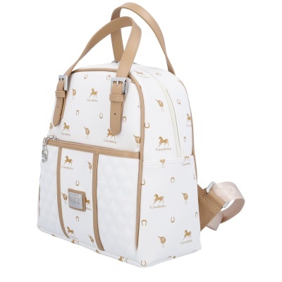 Mochila branca e castanha com padrões dourados e bolso frontal acolchoado