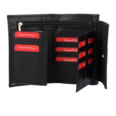 Carteira preta com vários compartimentos para cartões e fecho dourado