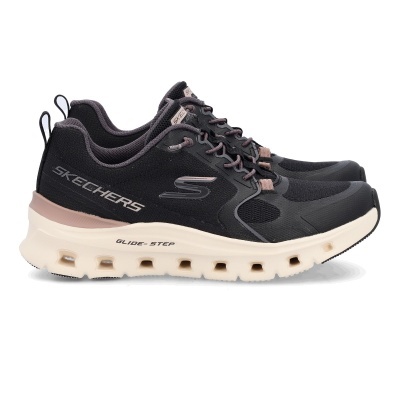 Tênis pretos Skechers com sola creme e detalhes cinzentos e rosa