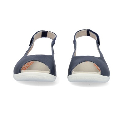 Par de sandálias femininas azuis com sola branca e tira atrás com velcro