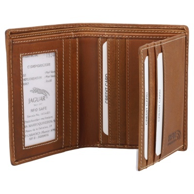 Carteira de couro castanha com divisórias para cartões e logo 