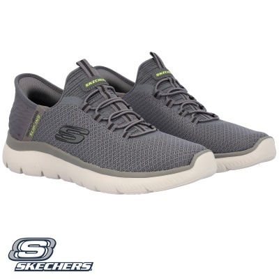 Sapatilhas Skechers cinzentas com sola branca e detalhes verdes