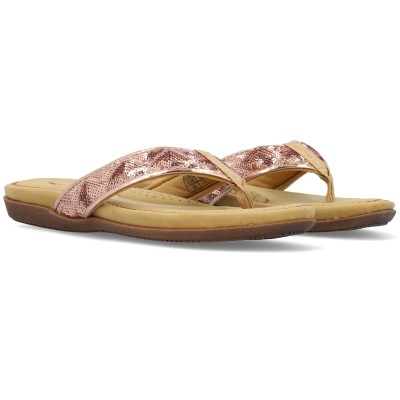 Chinelos de dedo femininos rosa metalizado com sola castanha