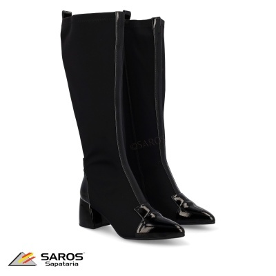 Botas pretas femininas com salto médio e bico fino em verniz