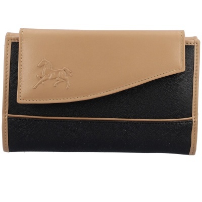 Carteira preta e bege com relevo de cavalo na aba