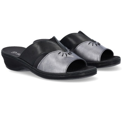 Chinelos femininos cinza e preto de couro com salto baixo