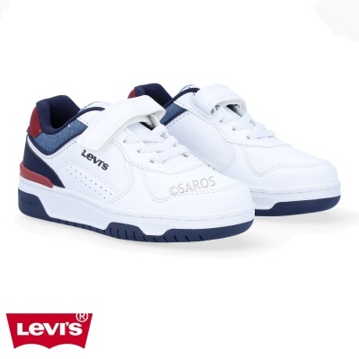 Sapatilhas infantis Levis brancas com detalhes azuis e vermelhos