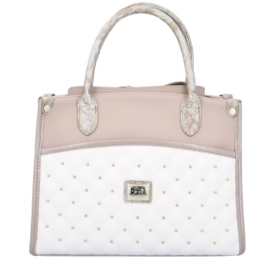 Mala de senhora branca e bege com alças padrão pele de cobra e detalhes dourados