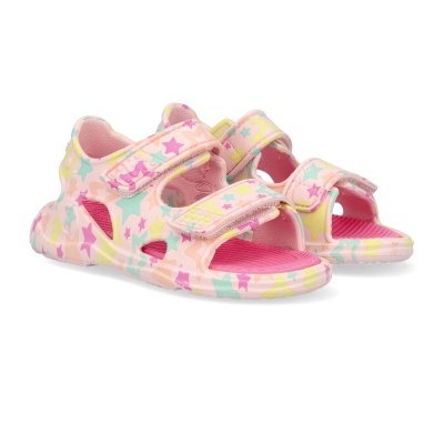 Sandálias infantis rosa com estrelas coloridas e fecho em velcro