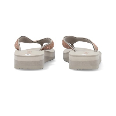 Sandálias plataformas bege com tiras florais castanhas vista traseira