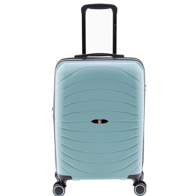 Mala de viagem rígida azul clara com pega extensível preta e rodas