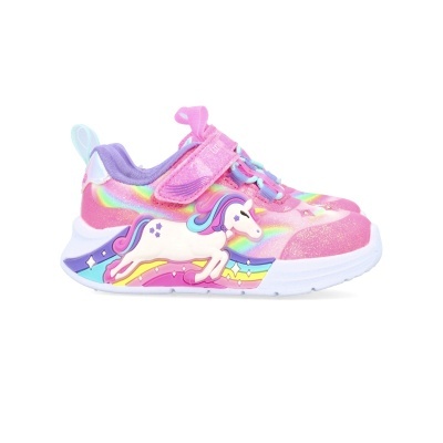 Ténis infantis rosa com unicórnio e padrão arco-íris