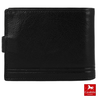Carteira masculina em couro preto com linhas horizontais e logótipo Cavalinho em relevo
