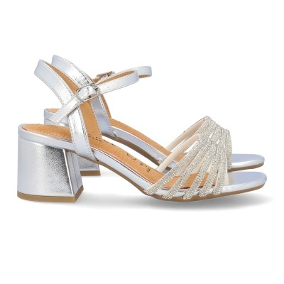 Sandálias prateadas com salto bloco e tiras brilhantes