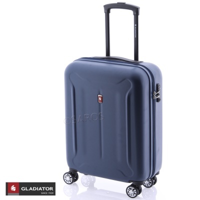 Mala de viagem rígida azul escuro com quatro rodas e pega extensível preta