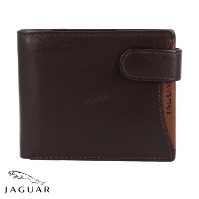 Carteira em pele castanha com fecho e logo Jaguar