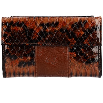 Carteira feminina em pele vermelha e castanha com padrão de cobra