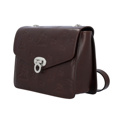 Mala de ombro castanha escura em couro com padrão gravado e fecho prateado