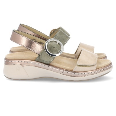 Sandálias de salto plataforma bege, verde e rosa metálico com fivela redonda prateada