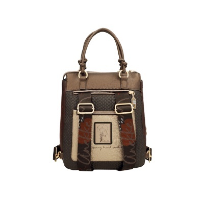 Mochila castanha com textura e alças com padrão floral
