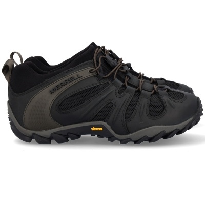 Sapatilhas de caminhada Merrell pretas e cinza com sola Vibram.