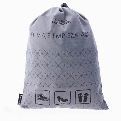 Saco cinza com textos e ícones de sapatos