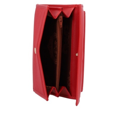 Carteira vermelha aberta mostrando interior castanho e fecho de correr