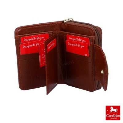 Carteira castanha em couro com múltiplos compartimentos e cartões vermelhos