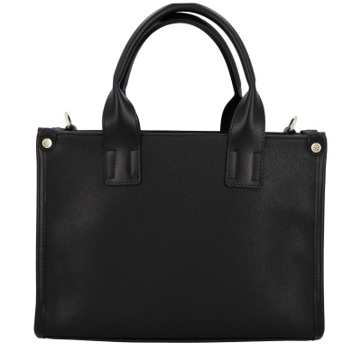 Mala de mão preta em pele sintética com alças curtas e detalhes metálicos