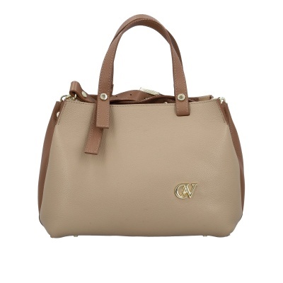 Mala de mão bege e castanha com logo metálico CV