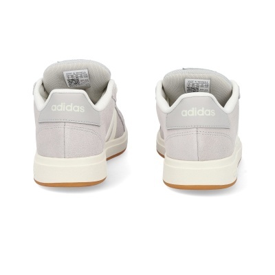 Sapatilhas adidas cinza claro vista de trás com sola branca e castanha