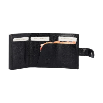 Carteira preta em pele com compartimentos para cartões e notas