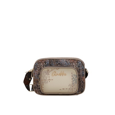 Mala pochete castanha com bolso bege e padrão pontilhado com texto Anekke
