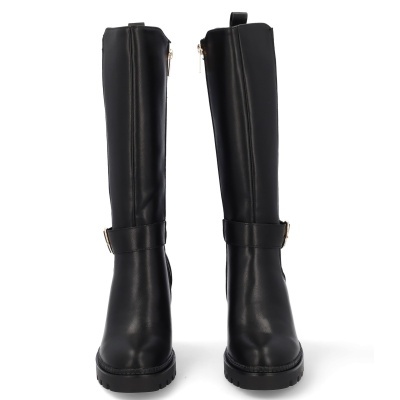 Botas pretas altas em couro sintético com fivela dourada