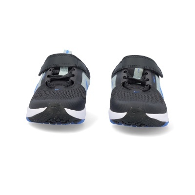 Sapatilhas desportivas infantis pretas e cinzentas com detalhes azuis e fecho em velcro