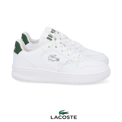 Ténis branco Lacoste com detalhes verdes e logótipo do crocodilo na lateral
