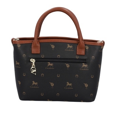 Mala de mão preta com padrão castanho de cavalos e ferraduras e pegas castanhas