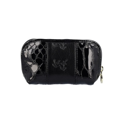 Carteira pequena preta com textura de crocodilo e fecho zip dourado