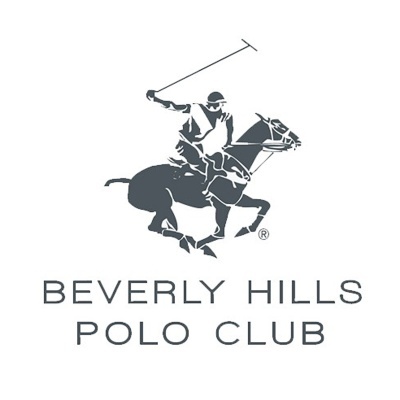 Logótipo Beverly Hills Polo Club com jogador de pólo a cavalo e texto cinzento