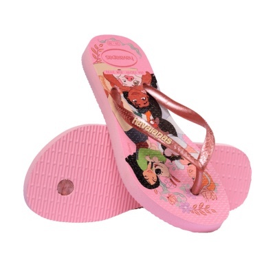 Chinelos Havaianas rosa com estampa colorida e tiras metálicas cor de rosa